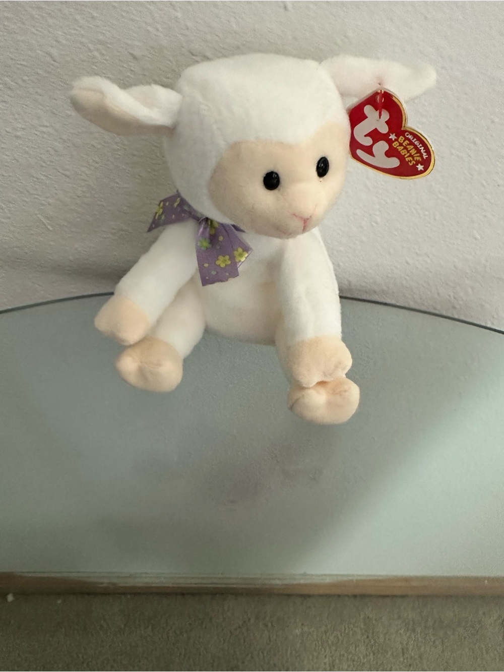 Ty Plush Lamb in White with Purple Floral Bow